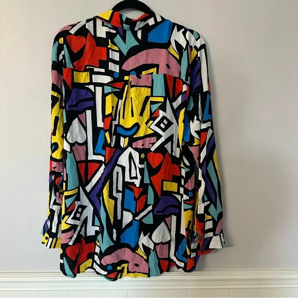 Big Dart Women’s Long Sleeve Multicolor Button Front Modern Art Blouse Sz 3X GUC - Picture 7 of 7